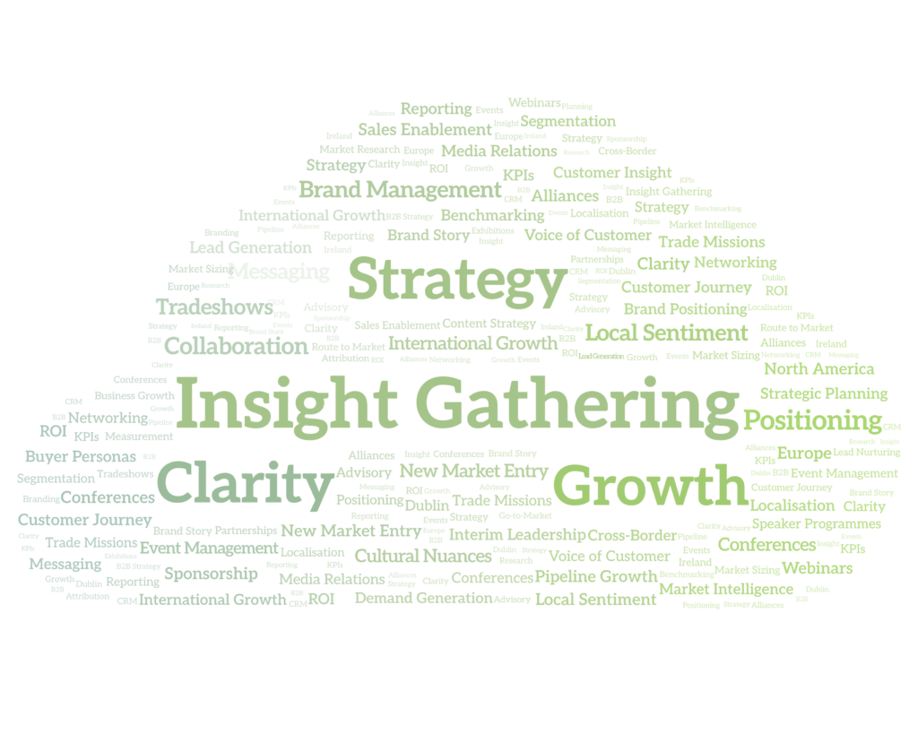 Word cloud of Cole Marketing capabilities, led by Insight Gathering, Strategy, Clarity and Growth.